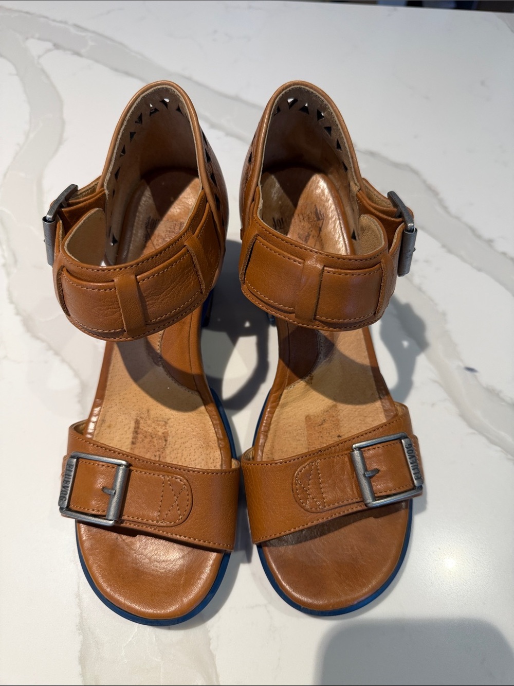 John Fluevog Hopefuls Assured Brown Leather Buckle Strap Sandals